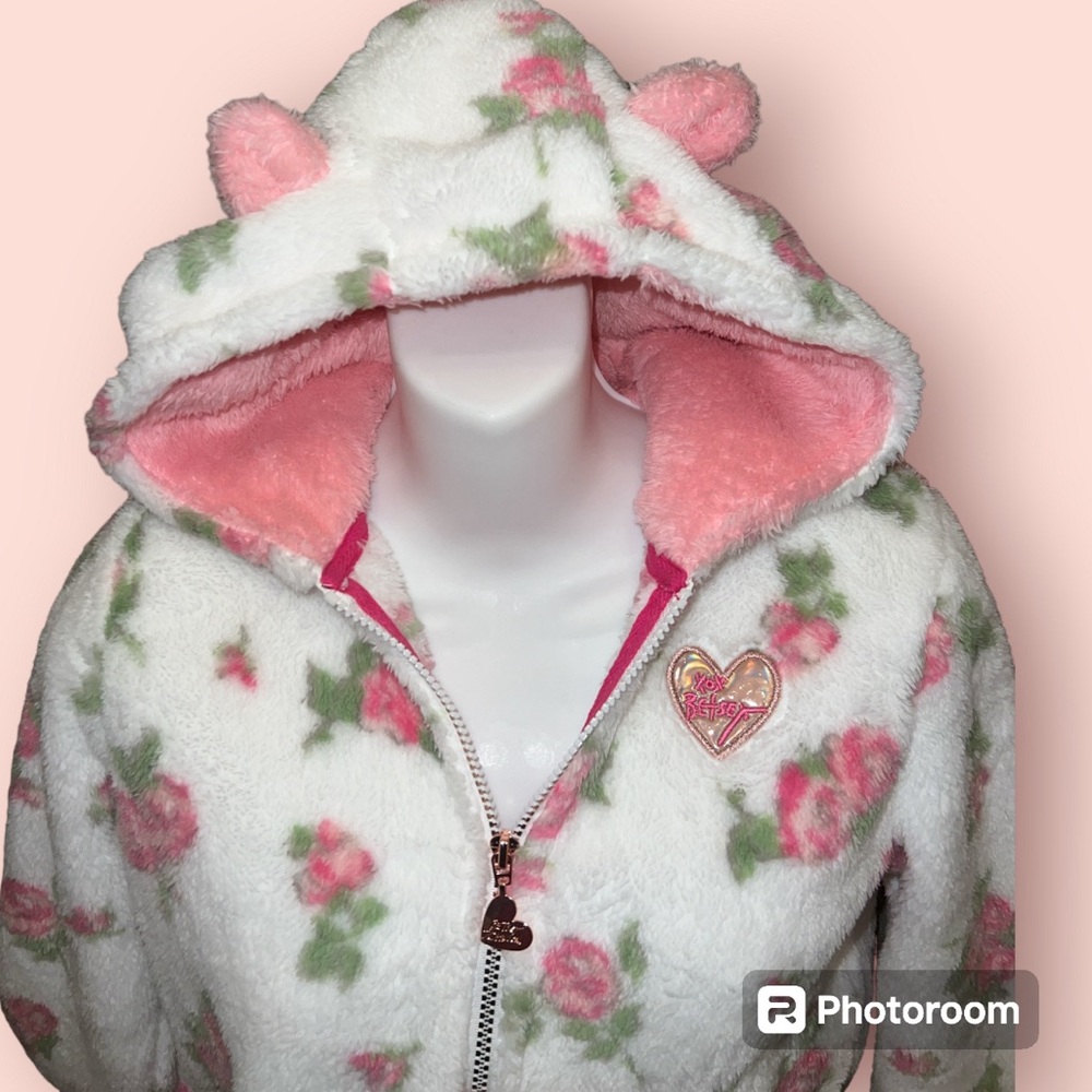 Betsey Johnson Girls 14 Floral Hoodie jacket  Faux Fur With Ears - Picture 2 of 5